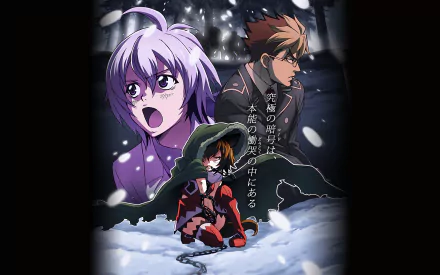 HD PC desktop wallpaper from the anime Luger Code 1951: Yonaga shouting, Testa Lielbelle crouched in a red hood on snowy ground, Alex Rossa standing behind under a stormy night.