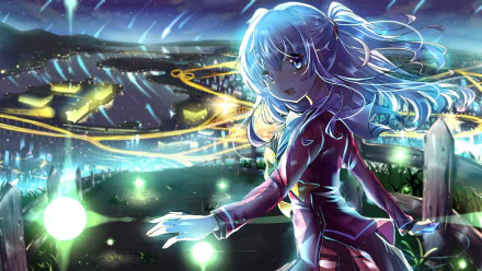 HD desktop wallpaper featuring Nao Tomori from Charlotte anime, showcasing her in a school uniform with blue eyes and white hair, set against a vibrant, illuminated night cityscape.