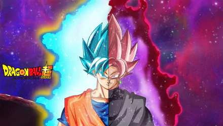 HD desktop wallpaper featuring Goku in Super Saiyan Blue form and Black Goku in Super Saiyan Rosé form from Dragon Ball Super, with a vibrant cosmic background.