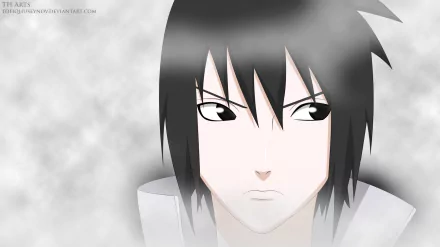HD PC desktop wallpaper featuring Sasuke Uchiha from the anime Naruto with a focused expression against a misty gray background.