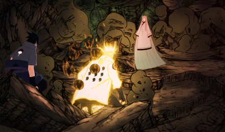 HD desktop wallpaper featuring Kaguya Ōtsutsuki, Sasuke Uchiha, and Naruto Uzumaki from the anime Naruto, facing off in a rocky, cavernous environment.