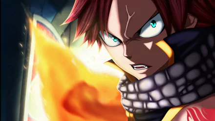 Natsu Dragneel, a fierce character from the anime Fairy Tail, is depicted in this HD wallpaper, showcasing his determined expression and fiery magic.