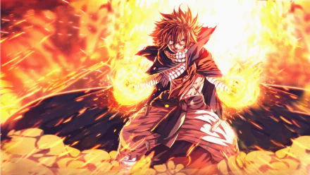 HD wallpaper of Natsu Dragneel from Fairy Tail, depicted in an intense moment with fiery hands and a fierce expression, surrounded by flames.