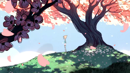 A serene scene from Steven Universe featuring Pearl standing beneath a large, vibrant tree, surrounded by falling petals, creating a tranquil and colorful HD desktop wallpaper.