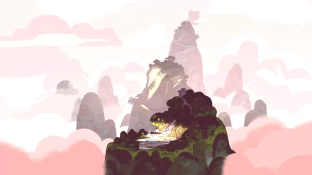 A serene landscape from the TV show Steven Universe, featuring misty mountains and a tranquil water scene, designed as a high-definition PC desktop wallpaper and background.