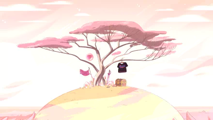 A serene scene from the TV show Steven Universe features a lone tree on a hill, adorned with a T-shirt and a chest, set against a soft, pink-hued sky.