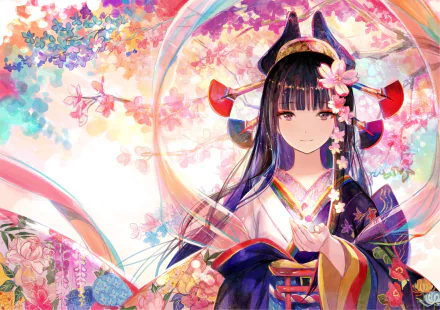 HD desktop wallpaper featuring an original anime character adorned in traditional attire, surrounded by vibrant flowers and intricate details. The background exudes a colorful and serene ambiance.
