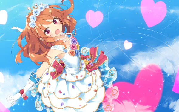 HD PC desktop wallpaper of an Aikatsu! anime character in a white dress adorned with flowers, set against a blue sky with pink heart shapes.