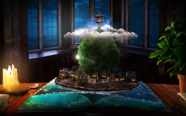 HD fantasy book-themed wallpaper depicting a magical scene with a tree island emerging from an open book, surrounded by candles and plants in a dark room with large windows.