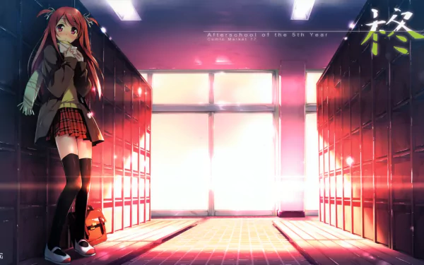 A vibrant anime scene from 5 Nenme no Houkago, featuring a girl in a school hallway with lockers, illuminated by warm light, serving as an HD PC desktop wallpaper.