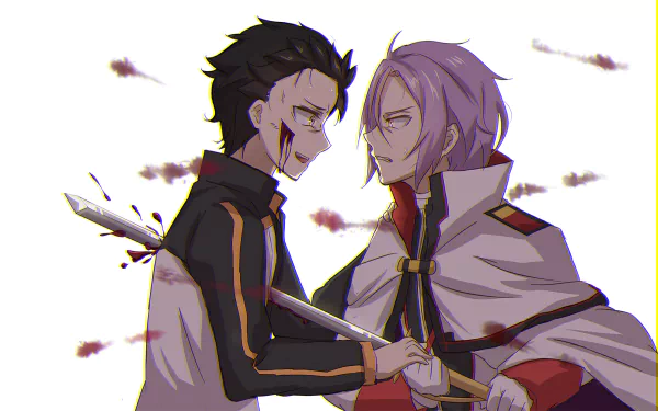 HD wallpaper featuring Julius Juukulius and Subaru Natsuki from the anime Re:Zero - Starting Life in Another World, showcasing a tense confrontation with dramatic elements.