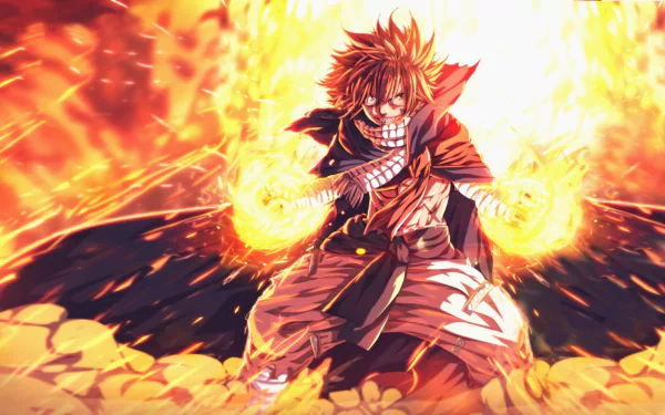 HD wallpaper of Natsu Dragneel from Fairy Tail, depicted in an intense moment with fiery hands and a fierce expression, surrounded by flames.