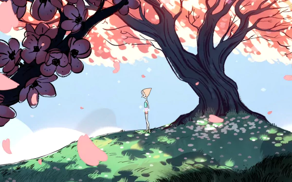 A serene scene from Steven Universe featuring Pearl standing beneath a large, vibrant tree, surrounded by falling petals, creating a tranquil and colorful HD desktop wallpaper.