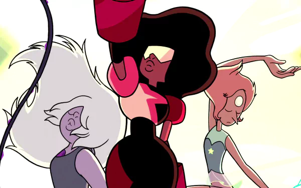 A vibrant HD wallpaper featuring Garnet, Pearl, and Amethyst from the animated series Steven Universe, showcasing their dynamic poses and unique styles.