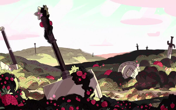 A vibrant HD desktop wallpaper featuring a landscape from Steven Universe, with graves and lush strawberries set against a dreamy sky.