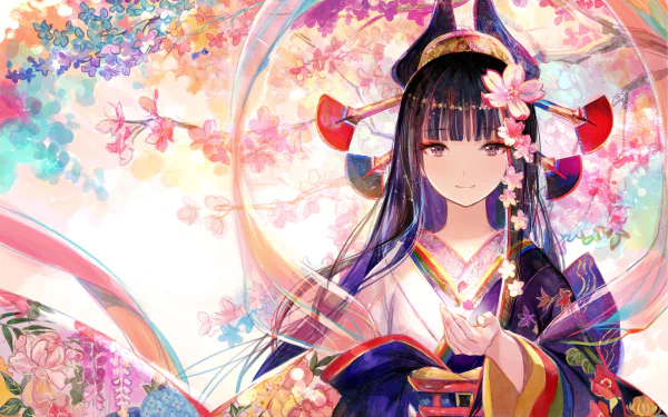 HD desktop wallpaper featuring an original anime character adorned in traditional attire, surrounded by vibrant flowers and intricate details. The background exudes a colorful and serene ambiance.