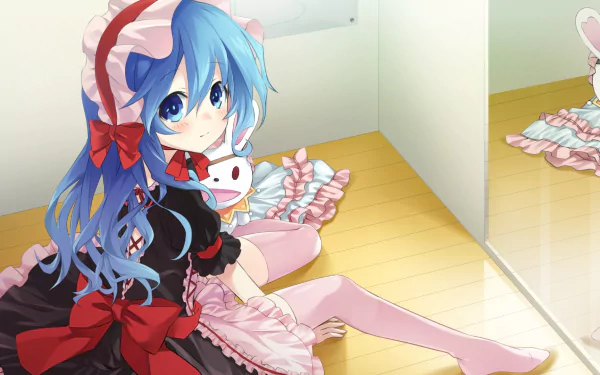 HD desktop wallpaper of Yoshino from the anime Date A Live, sitting on a wooden floor in a detailed outfit with frills and bows, background features a reflective mirror.