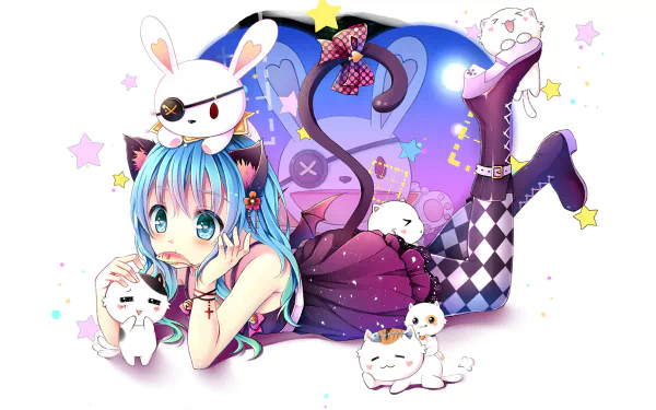 Yoshino from Date A Live lounges playfully amidst cute plushies, set against a colorful anime background, creating a vibrant HD desktop wallpaper.