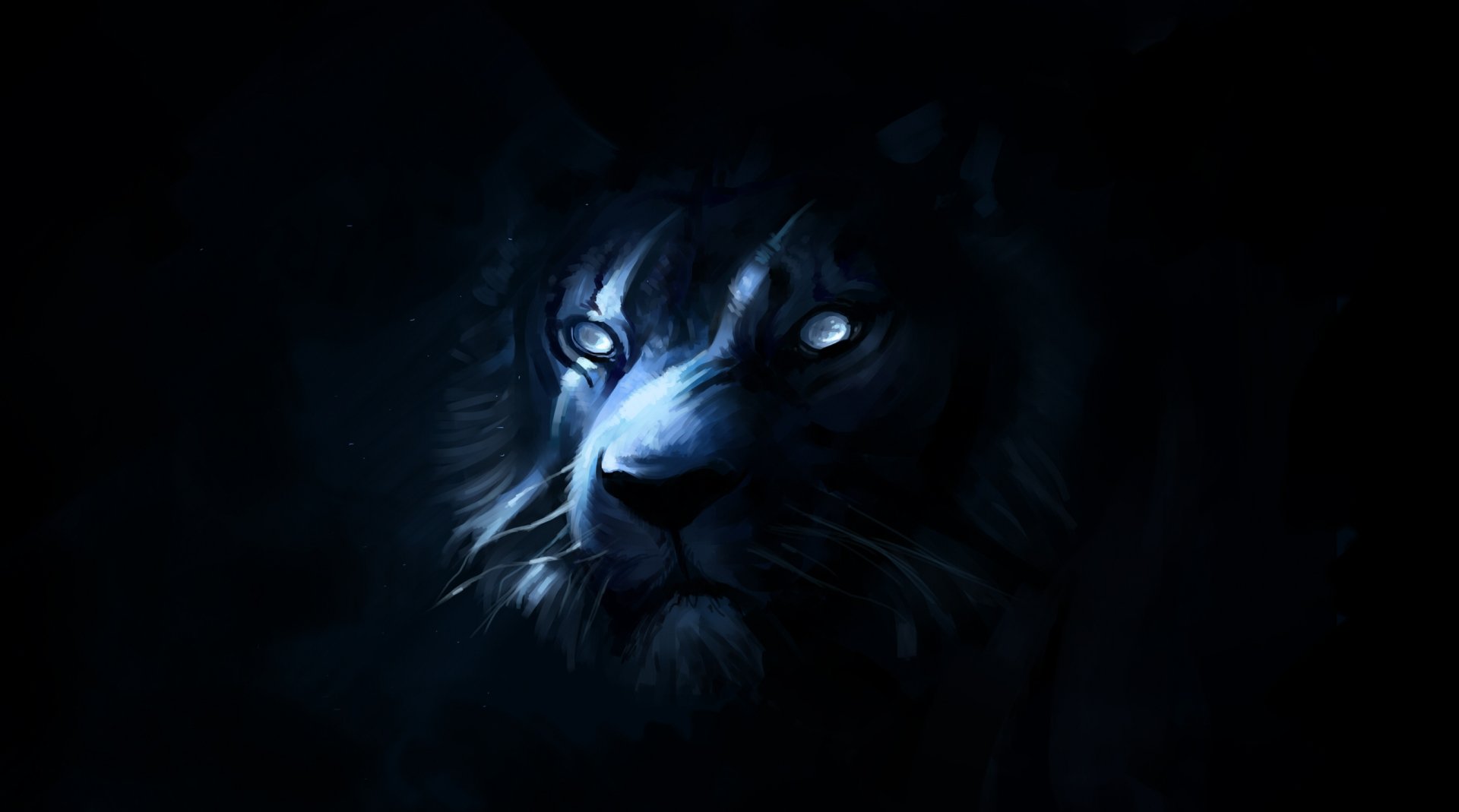 Fantasy-themed HD desktop wallpaper featuring the glowing muzzle of a tiger emerging from a dark, mystical background.