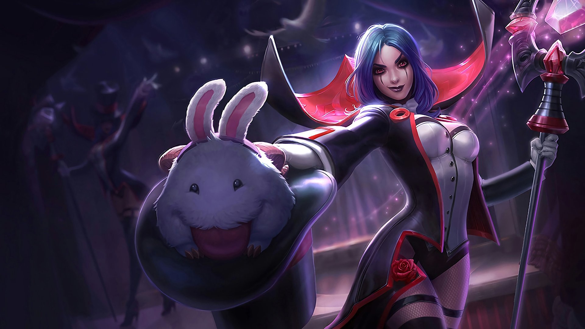 A vibrant 4K Ultra HD wallpaper featuring LeBlanc from League of Legends, showcasing her mysterious charm alongside a playful rabbit in a magical setting.