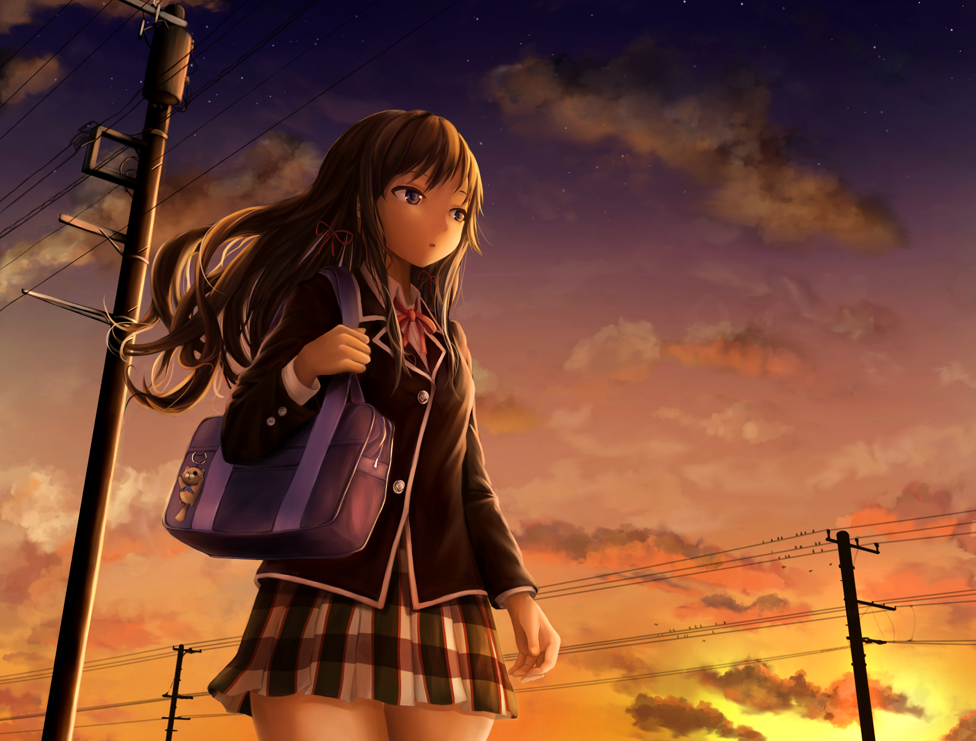 Yukino Yukinoshita from My Teen Romantic Comedy SNAFU stands against a vibrant sunset sky in this HD anime desktop wallpaper.