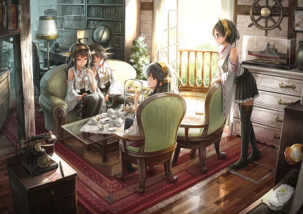HD desktop wallpaper featuring Hiei, Kirishima, Haruna, and Kongou from Kantai Collection, enjoying tea in a cozy, sunlit room with vintage decor.