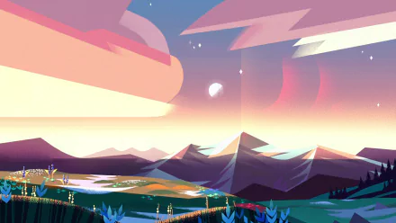 HD wallpaper and background from the TV show Steven Universe, featuring a colorful and serene landscape with mountains and a celestial sky.