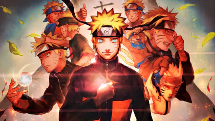 HD PC desktop wallpaper featuring multiple dynamic poses of Naruto Uzumaki from the anime Naruto, showcasing his iconic look and energy.