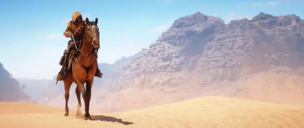 A HD wallpaper from the video game Battlefield 1, featuring a hooded rider on horseback traversing a vast desert with rocky mountains in the background.