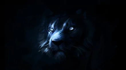 Fantasy-themed HD desktop wallpaper featuring the glowing muzzle of a tiger emerging from a dark, mystical background.