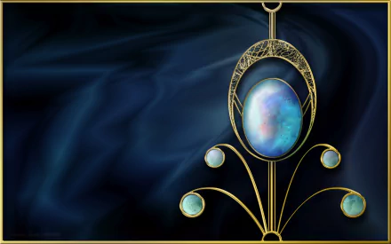 Abstract blue jewelry design with intricate gold detailing and opalescent stones, featured as an HD PC desktop wallpaper and background.