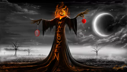 HD Halloween-themed wallpaper featuring a glowing jack-o'-lantern scarecrow under a dark moonlit sky, with the word HALLOWEEN down its body, set against a spooky background of barren trees and rolling mist.