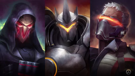A dynamic HD wallpaper featuring Reinhardt, Reaper, and Soldier: 76 from Overwatch, showcasing these iconic video game characters in striking detail.