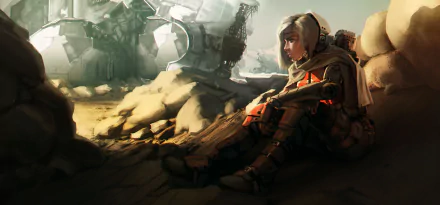 Blonde astronaut in a sci-fi setting sits on a rocky surface amid futuristic wreckage, depicted in stunning 4K Ultra HD detail for PC desktop wallpaper.