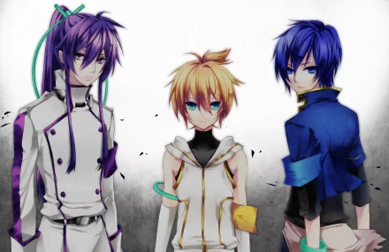 HD anime desktop wallpaper featuring Vocaloid characters Kamui Gakupo, Kaito, and Len Kagamine in detailed, vibrant designs.