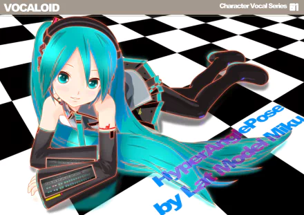 HD PC desktop wallpaper of Hatsune Miku, anime Vocaloid, reclining with teal twin-tails on a black-and-white checkerboard background.