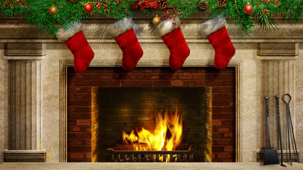 A cozy Christmas fireplace with a bright fire, four red stockings hanging, and festive holiday greenery above, captured in 4K Ultra HD for PC desktop wallpaper.