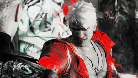 Dante from Devil May Cry, featured in a dynamic HD wallpaper, showcases his iconic look with striking red accents and intense expression, representing the action of DmC: Devil May Cry.
