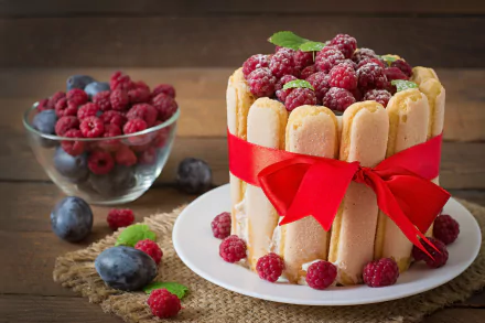 A beautifully decorated raspberry and plum cake with ladyfingers tied by a red ribbon, surrounded by fresh raspberries and plums on a rustic wooden background.