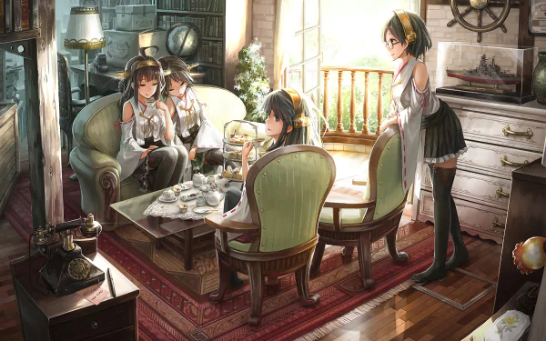 HD desktop wallpaper featuring Hiei, Kirishima, Haruna, and Kongou from Kantai Collection, enjoying tea in a cozy, sunlit room with vintage decor.