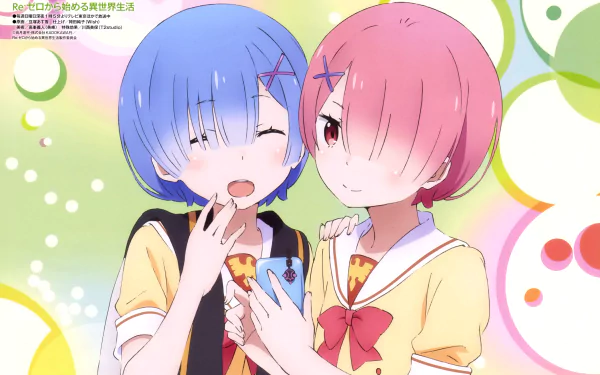 HD wallpaper featuring Ram and Rem from Re:Zero - Starting Life in Another World, set against a colorful background with playful bubbles and vibrant colors.