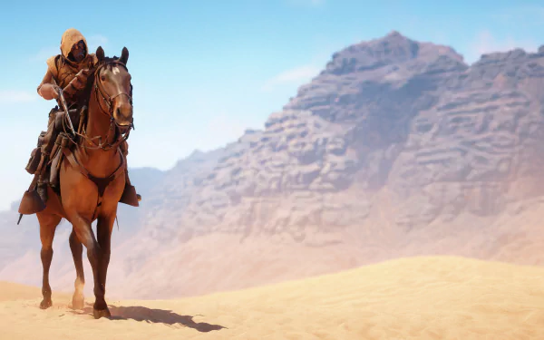 A HD wallpaper from the video game Battlefield 1, featuring a hooded rider on horseback traversing a vast desert with rocky mountains in the background.