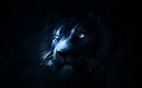 Fantasy-themed HD desktop wallpaper featuring the glowing muzzle of a tiger emerging from a dark, mystical background.
