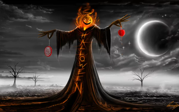 HD Halloween-themed wallpaper featuring a glowing jack-o'-lantern scarecrow under a dark moonlit sky, with the word HALLOWEEN down its body, set against a spooky background of barren trees and rolling mist.