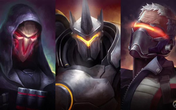 A dynamic HD wallpaper featuring Reinhardt, Reaper, and Soldier: 76 from Overwatch, showcasing these iconic video game characters in striking detail.