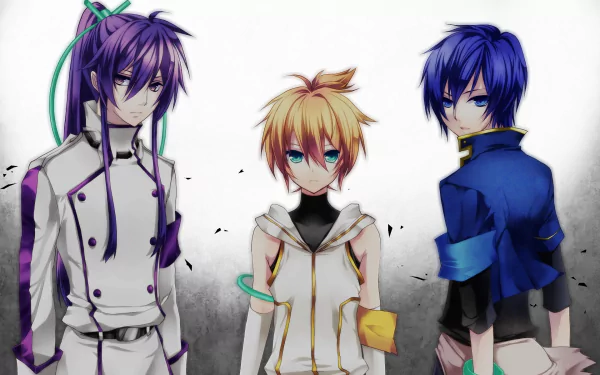 HD anime desktop wallpaper featuring Vocaloid characters Kamui Gakupo, Kaito, and Len Kagamine in detailed, vibrant designs.
