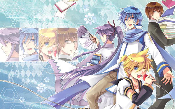 HD PC desktop wallpaper featuring anime-style Vocaloid characters Kamui Gakupo, Len Kagamine, and Kaito with books and floral patterns in the background.