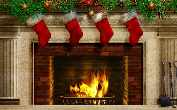 A cozy Christmas fireplace with a bright fire, four red stockings hanging, and festive holiday greenery above, captured in 4K Ultra HD for PC desktop wallpaper.