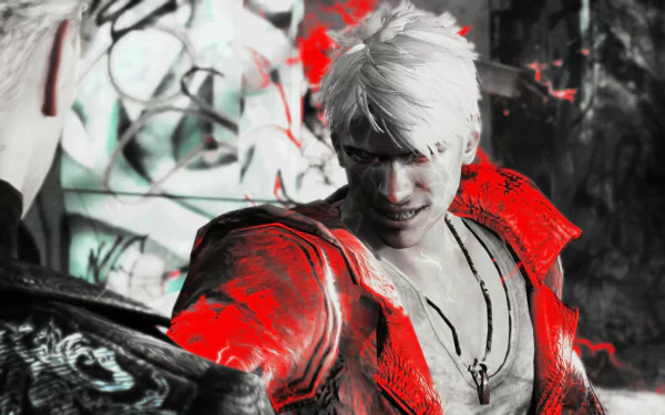 Dante from Devil May Cry, featured in a dynamic HD wallpaper, showcases his iconic look with striking red accents and intense expression, representing the action of DmC: Devil May Cry.