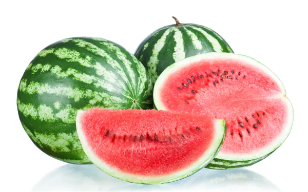 HD PC desktop wallpaper featuring fresh whole and sliced watermelons with vibrant red fruit and green striped rind against a white background.